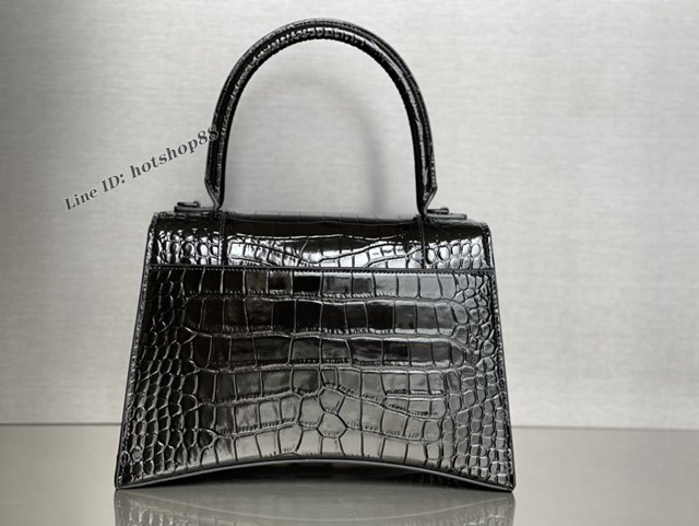 Balenciaga專櫃新款原廠皮M號沙漏包 巴黎世家鱷魚紋黑色/黑扣手提包 fyj1390